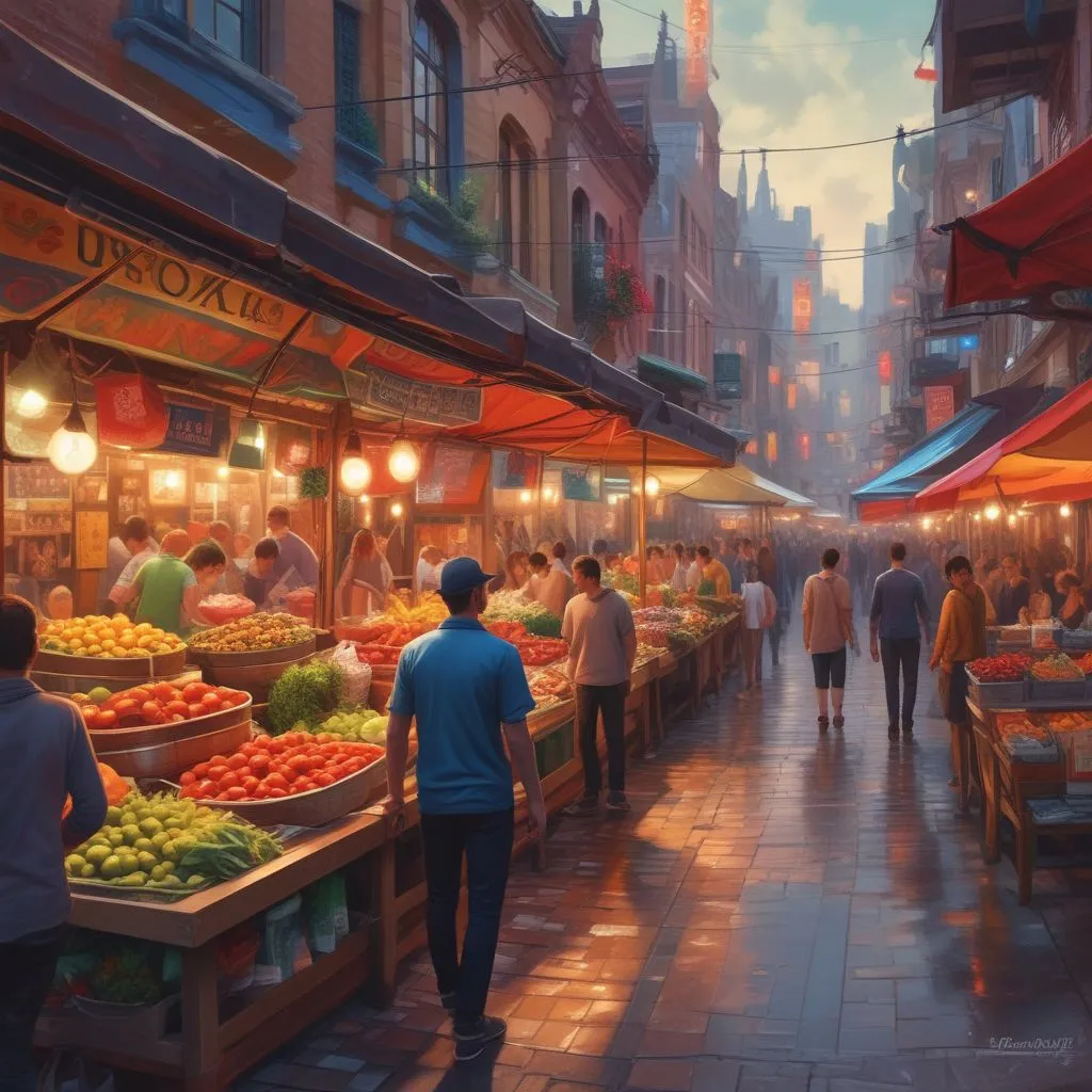 A student exploring a colorful local market with street food and traditional crafts
