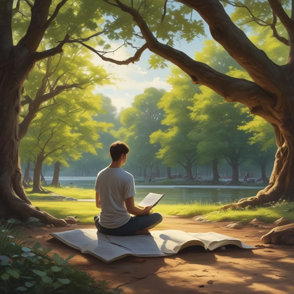 A student meditating in a peaceful park with a journal beside them