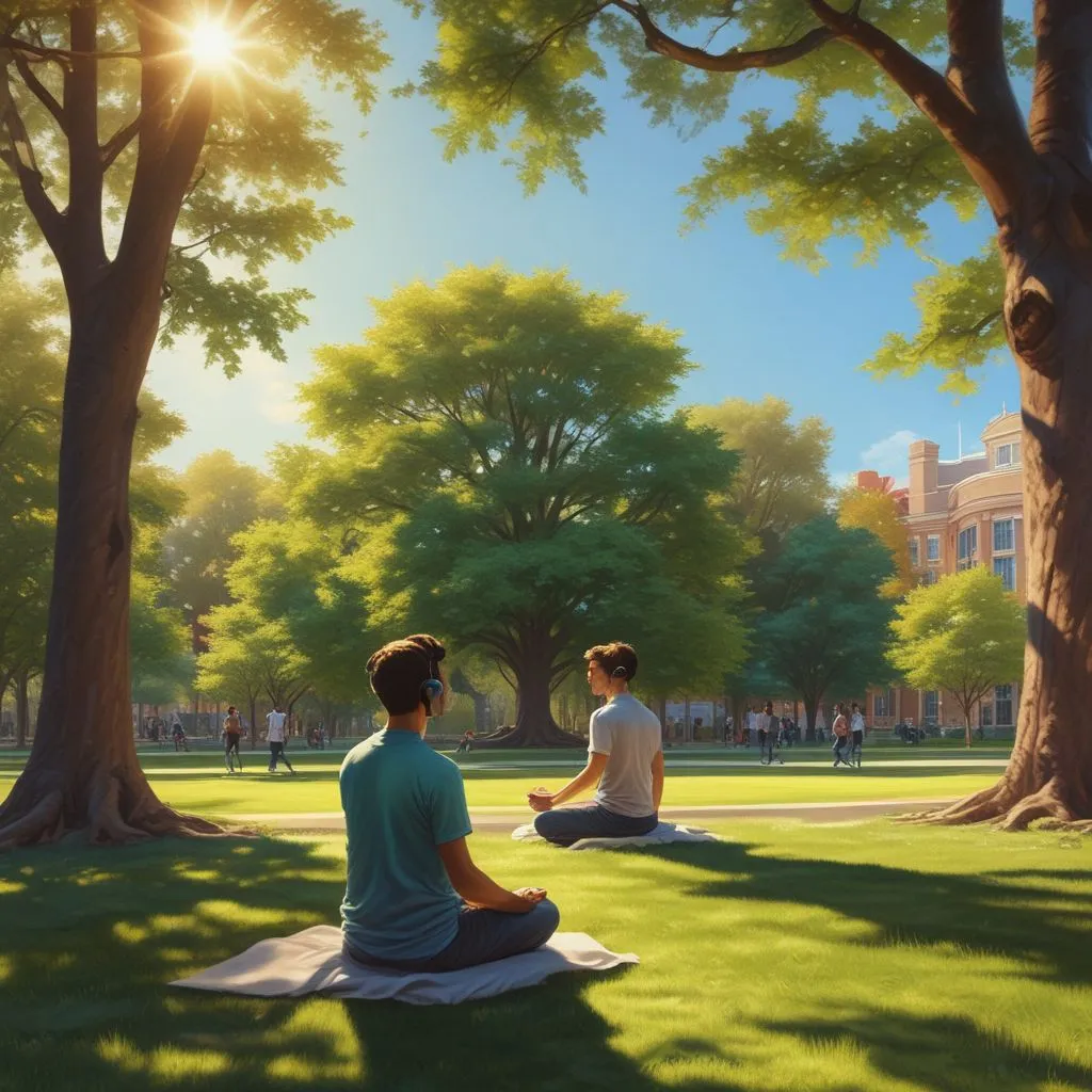 A student meditating on a campus lawn with headphones, surrounded by trees and sunlight