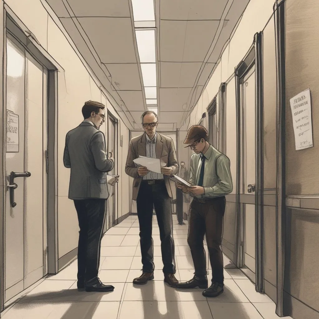 A student networking with a professor in a hallway, holding a notebook