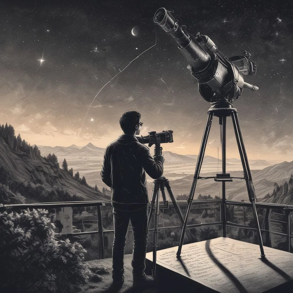 A student observing stars through a telescope in an observatory with physics equations on a chalkboard