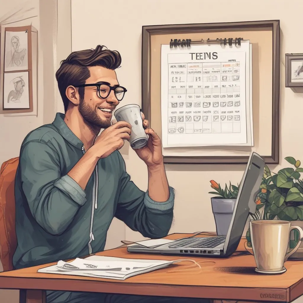 A student on a video call with family while holding a cup of coffee, with a calendar showing weekly call times