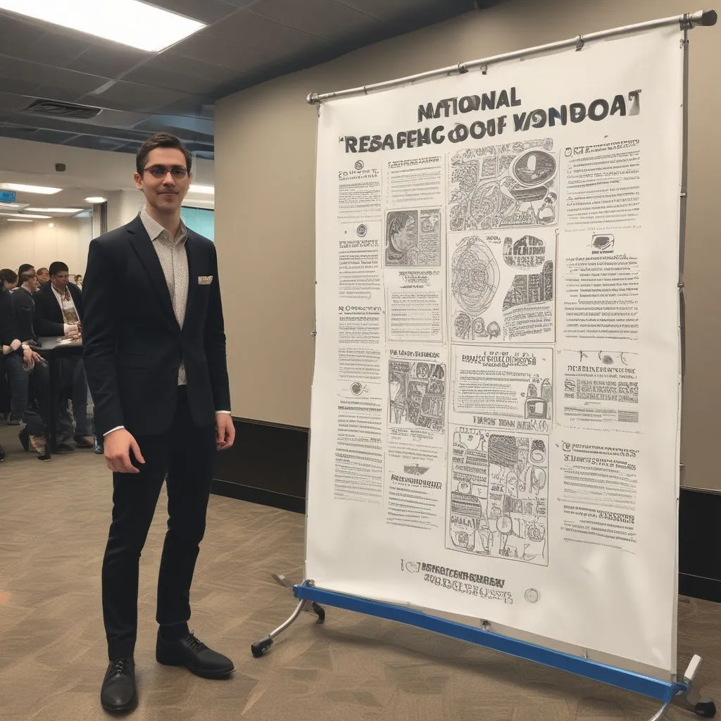 A student presenting a research poster at a conference, with a banner reading "National Research Symposium 2026"