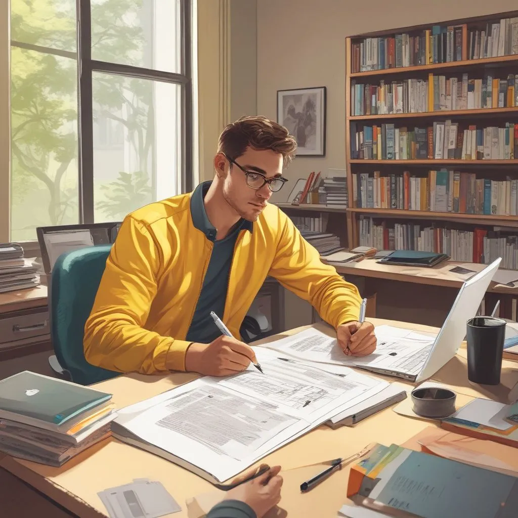 A student reviewing their printed resume with a highlighter, sitting at a desk with a laptop, focused and organized, bright study room, realistic style