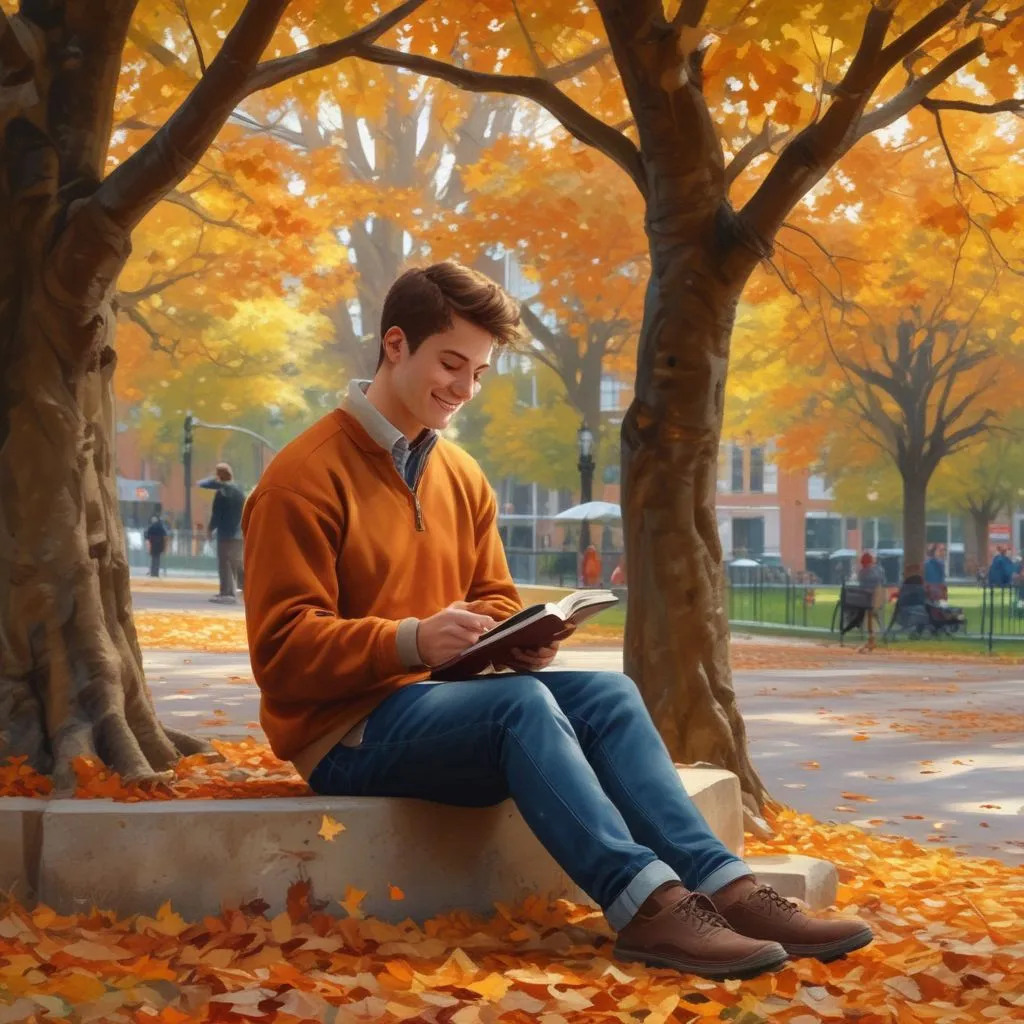 A student smiling while reading a book in a foreign language under a tree on a university campus, with autumn leaves falling