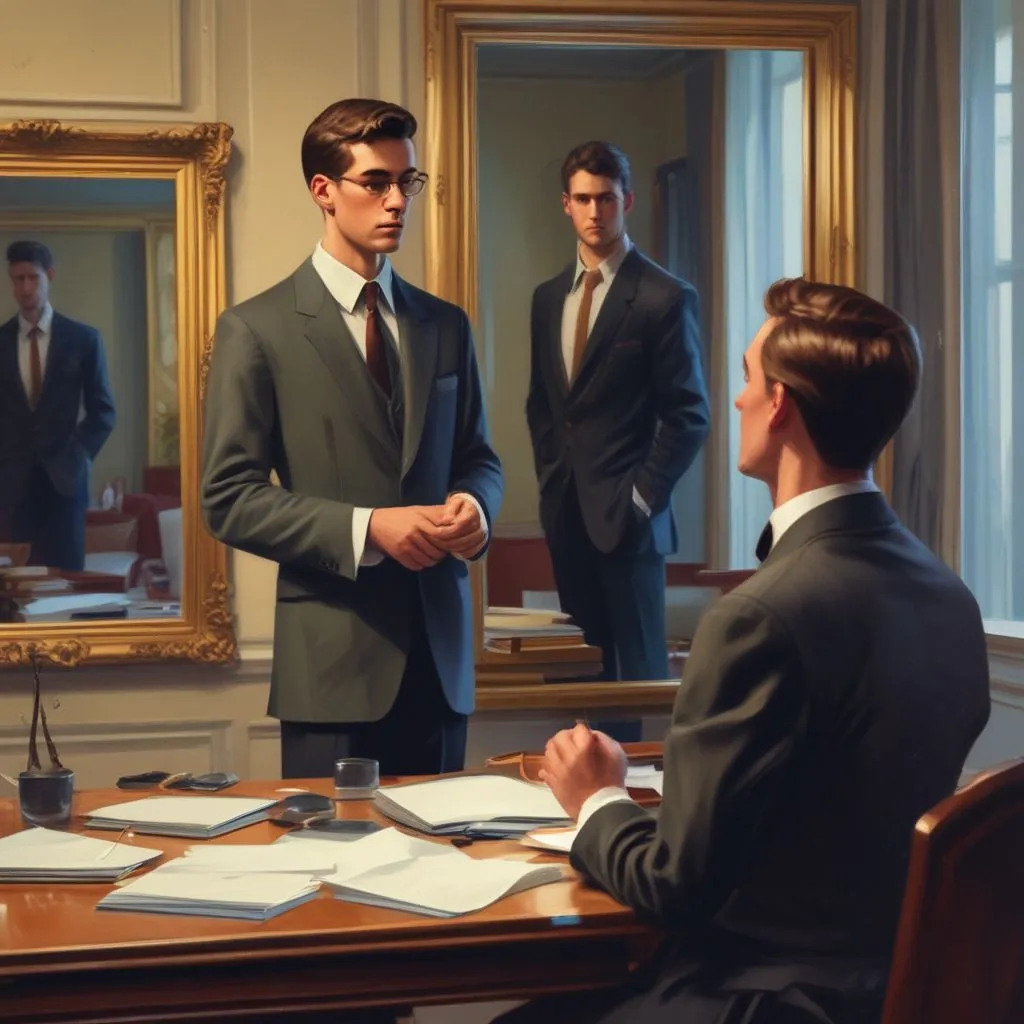 A student standing confidently in front of a mirror, practicing hand gestures and eye contact, wearing formal clothes, bright room, realistic style