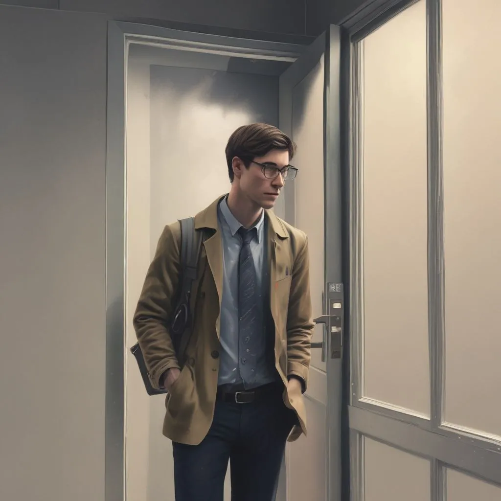 A student taking a deep breath before entering an interview room, with a calm and focused expression, door slightly open, realistic style