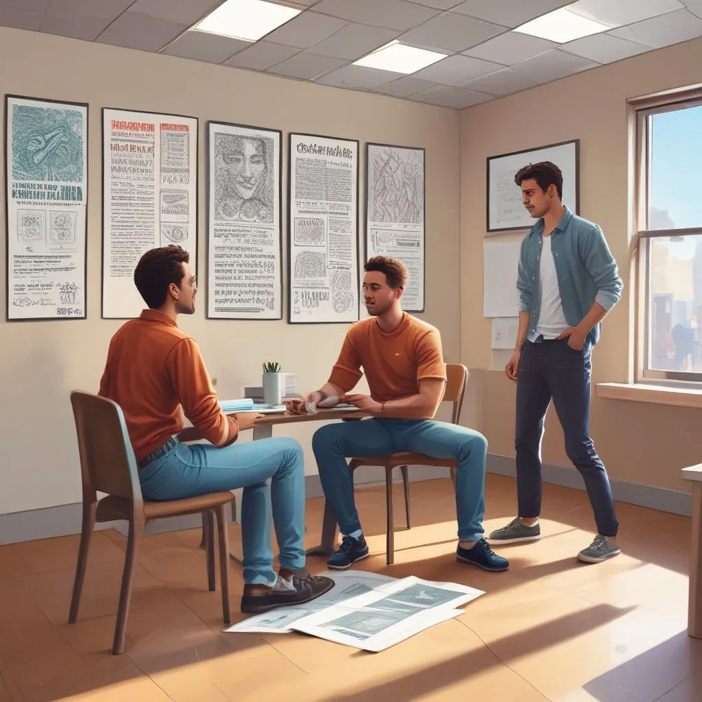A student talking to a counselor in a bright office with posters about mental health