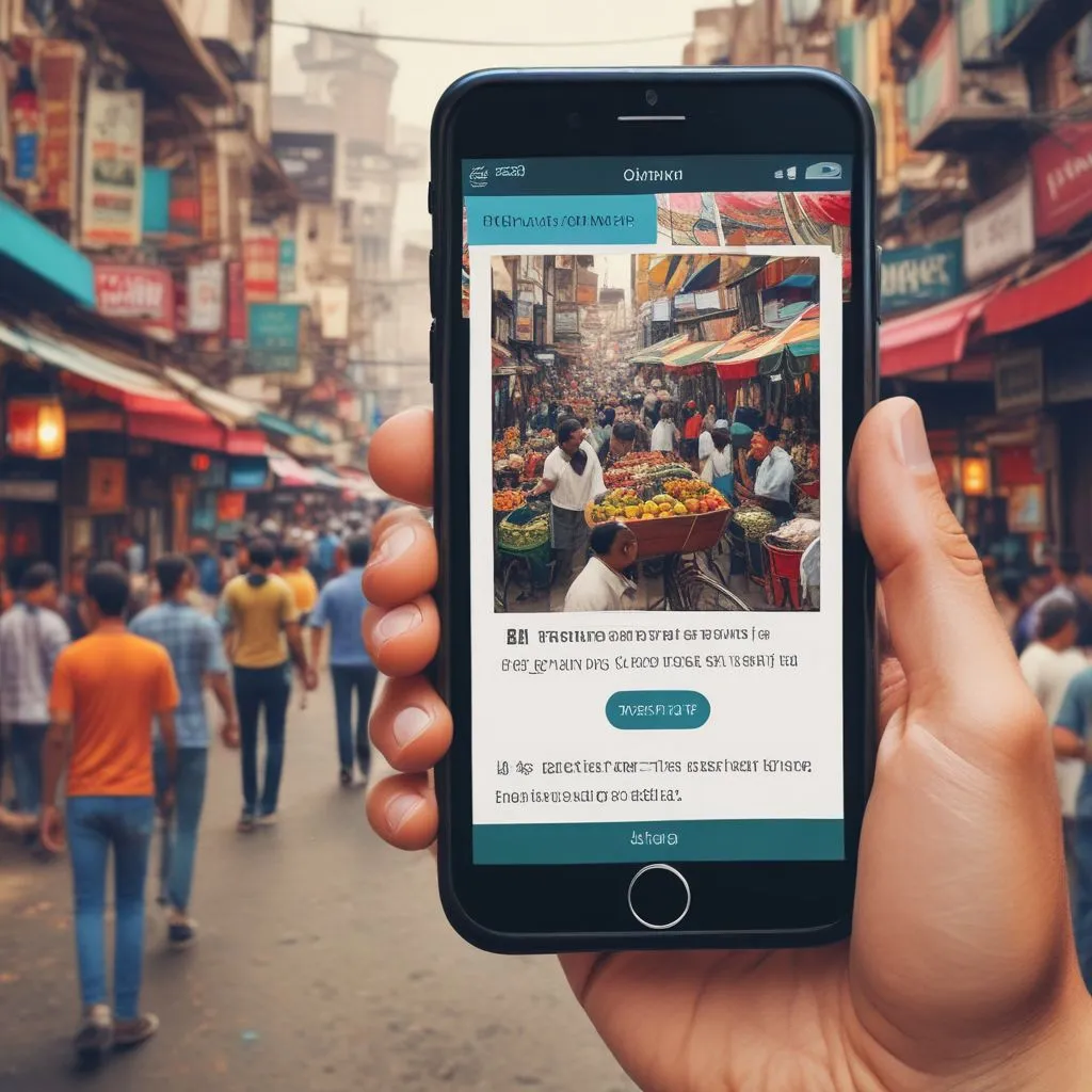 A student using a smartphone translation app in a busy Indian street market, with text overlay showing real-time language translation