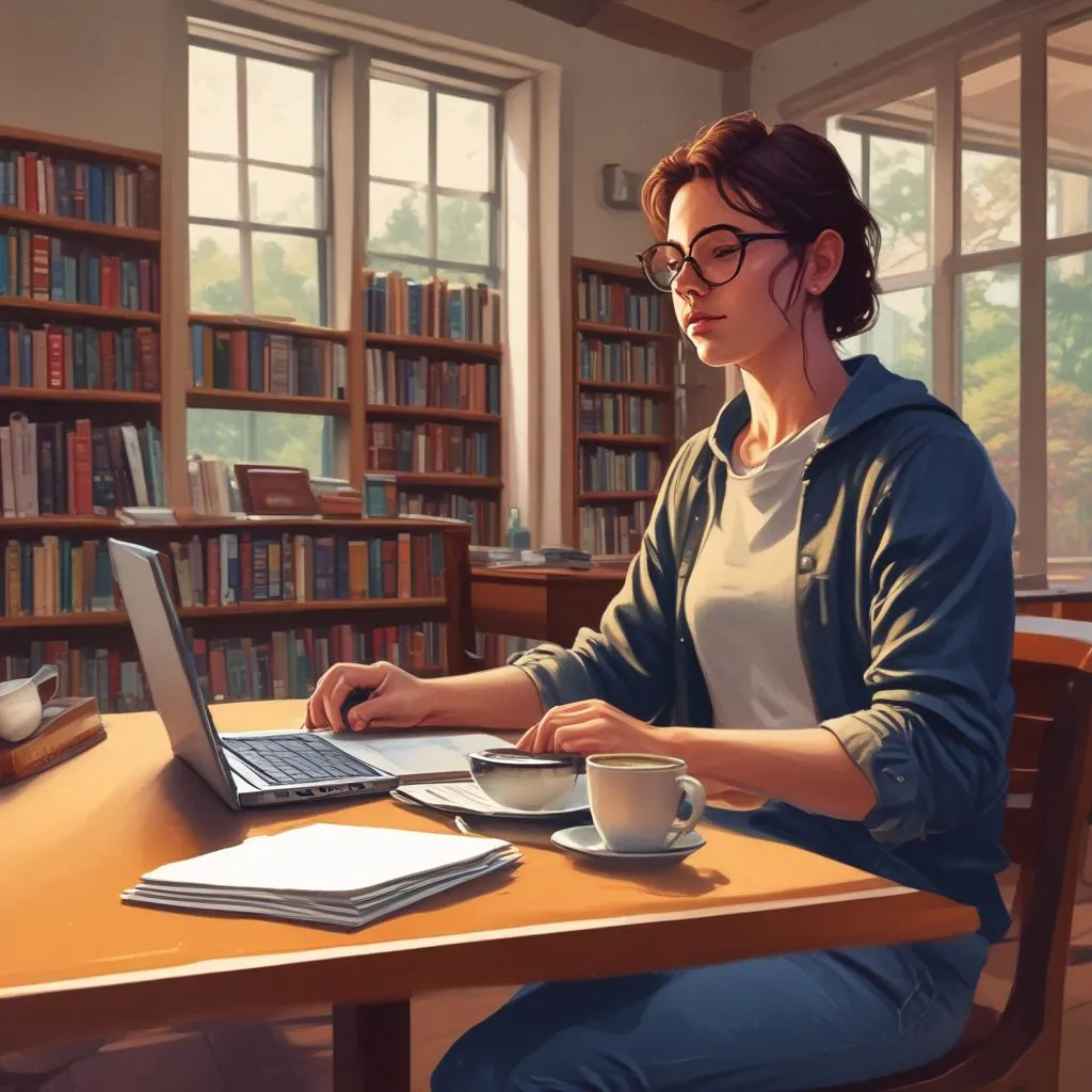 A student working at a campus library desk with a laptop and coffee