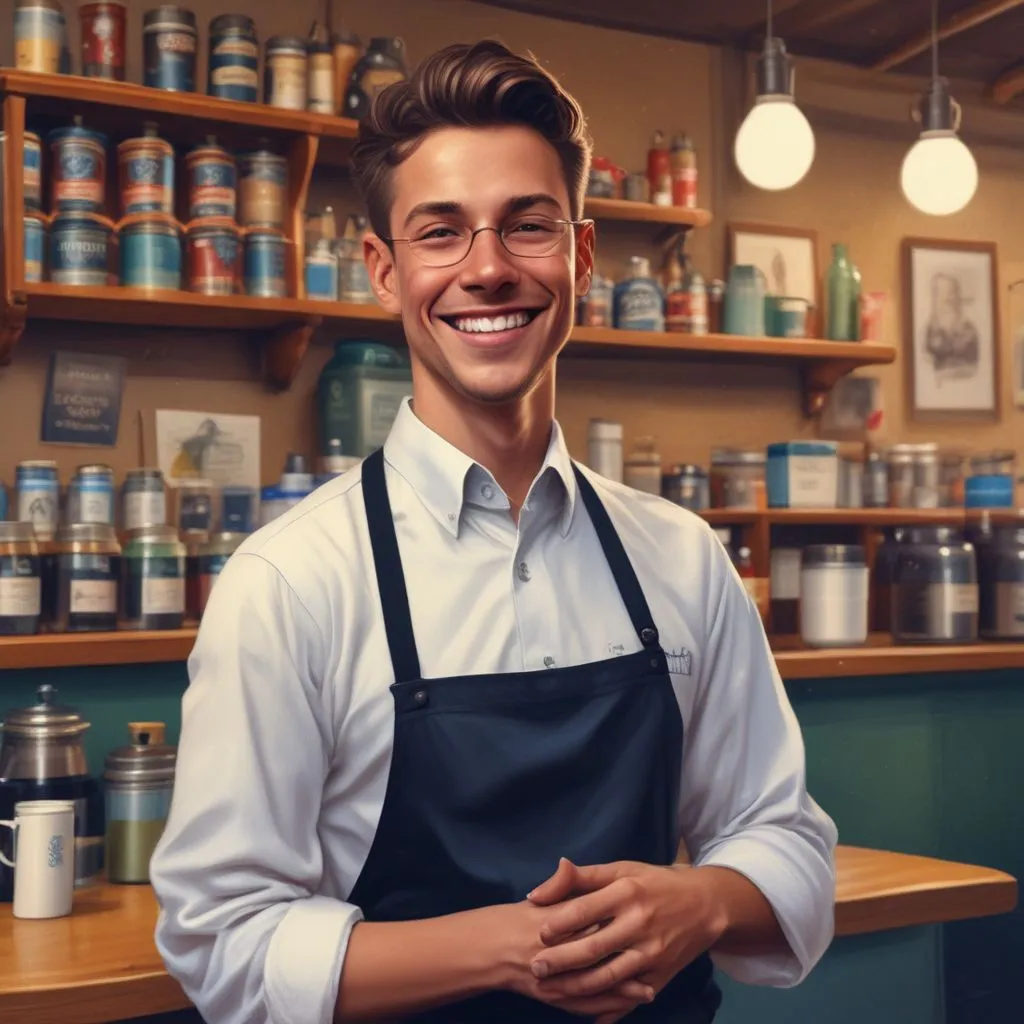 A student working at a local coffee shop, wearing a uniform and smiling