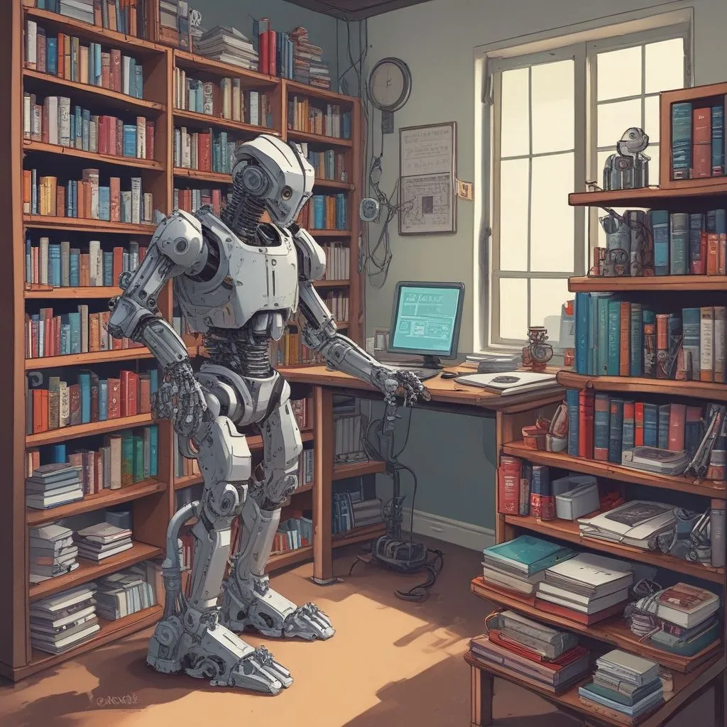 A student working on a complex robotics project in a university lab, with books labeled "Advanced Materials" and "Machine Learning" nearby