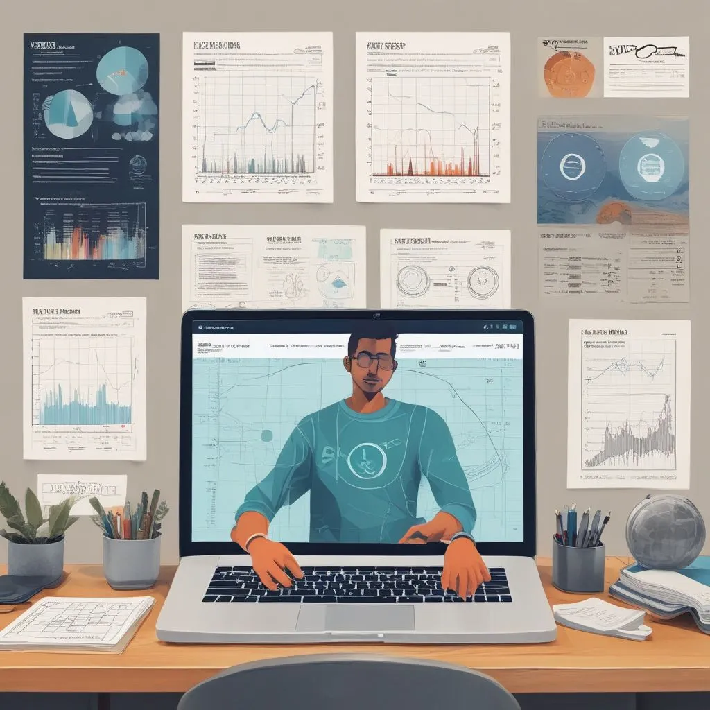 A student working on a laptop with climate simulation software, surrounded by charts of temperature and CO2 levels, representing B.Tech for climate science careers in India 2026
