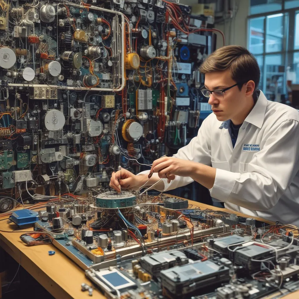 A student working on a satellite model in a lab with engineering tools and circuit boards