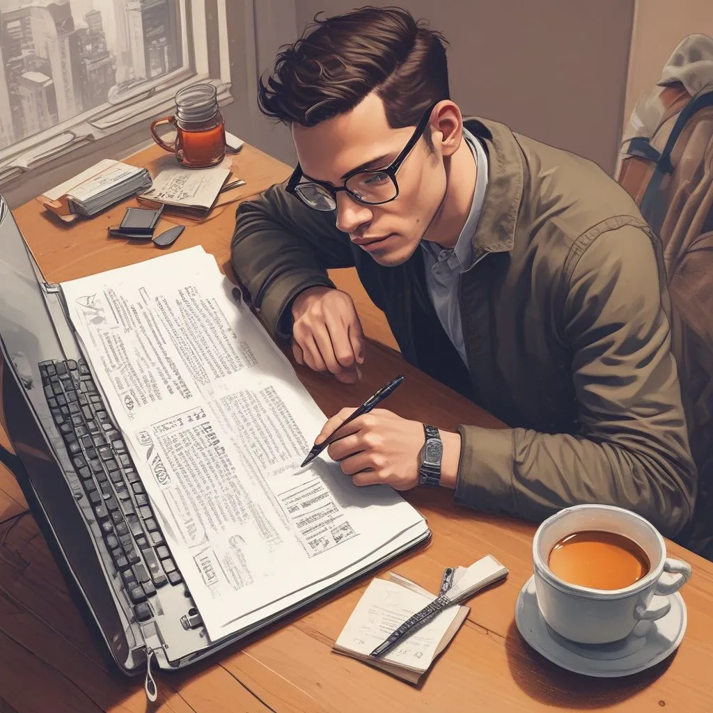 A student writing a resume with a pen, next to a laptop and a cup of tea