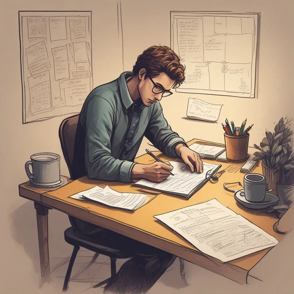 A student writing questions on a sticky note, with a pen and coffee mug nearby, thoughtful expression, cozy desk setup