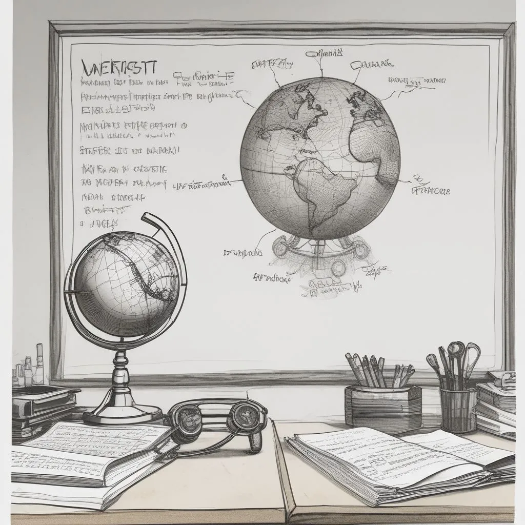 A student writing research goals on a whiteboard with a globe and science textbooks nearby