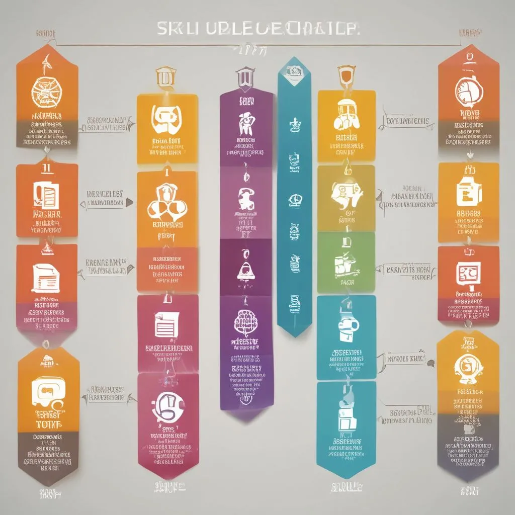 A timeline graphic showing a career path with milestones like "Skill Upgrade," "Promotion," and "Work-Life Balance," with icons for each step