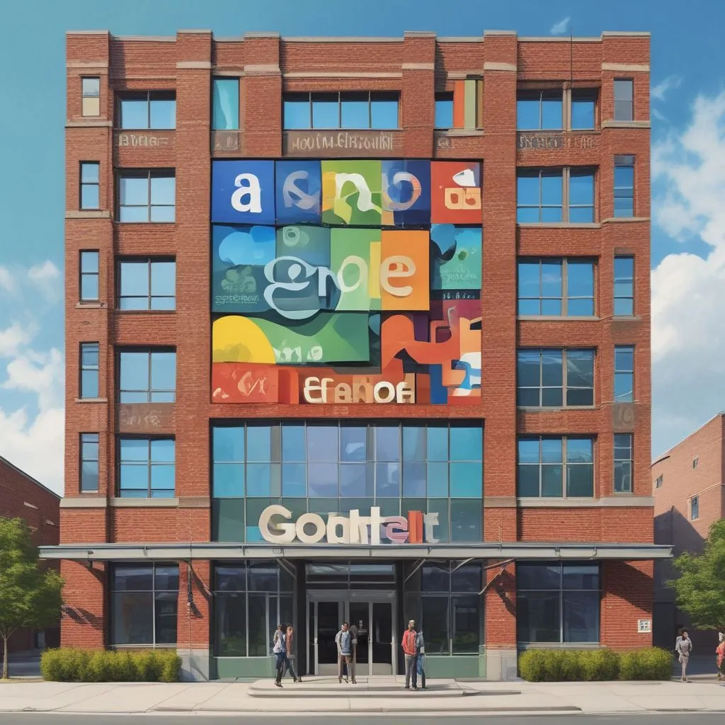 A university building facade with logos of top companies like Google, Microsoft, and Deloitte on a partnership board