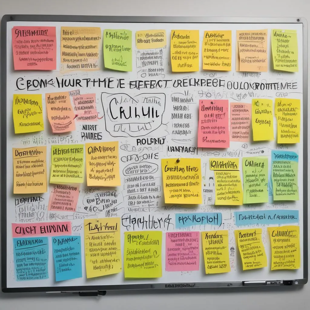 A whiteboard with sticky notes showing words like "growth," "flexibility," "culture," and "impact," with a team brainstorming around it.