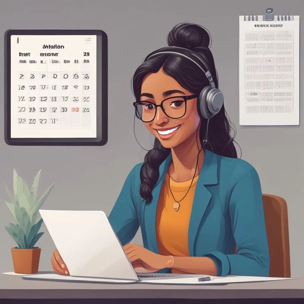 A young Indian professional having a video call with a staffing consultant, both smiling, with a calendar showing interview slots