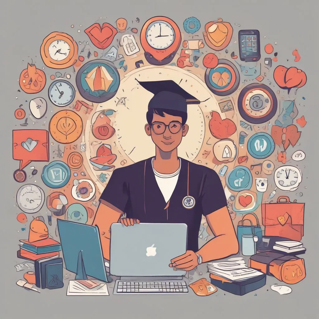 A young Indian professional sitting at a desk with a laptop, surrounded by icons like a clock, heart, graduation cap, and family, representing work-life balance and wellness benefits