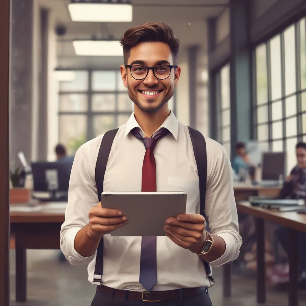 A young professional in India holding a smartphone with a job offer email notification, smiling, modern office background, 2026 style