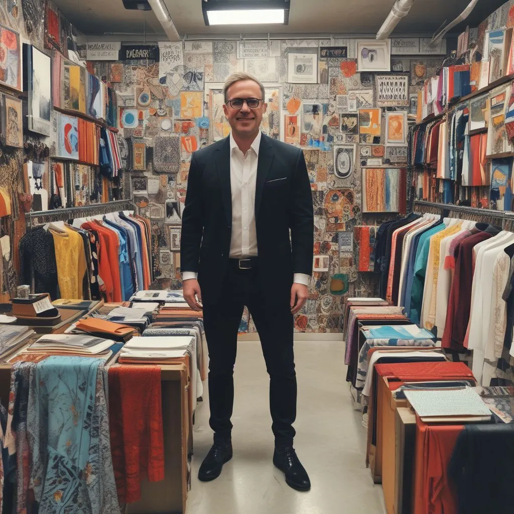 Alumni success stories collage: designer at fashion week, retail manager in a luxury store, textile innovator in a lab