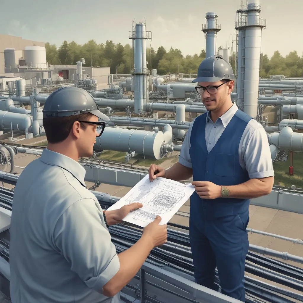 An environmental engineer designing a wastewater treatment plant with blueprints and CAD software