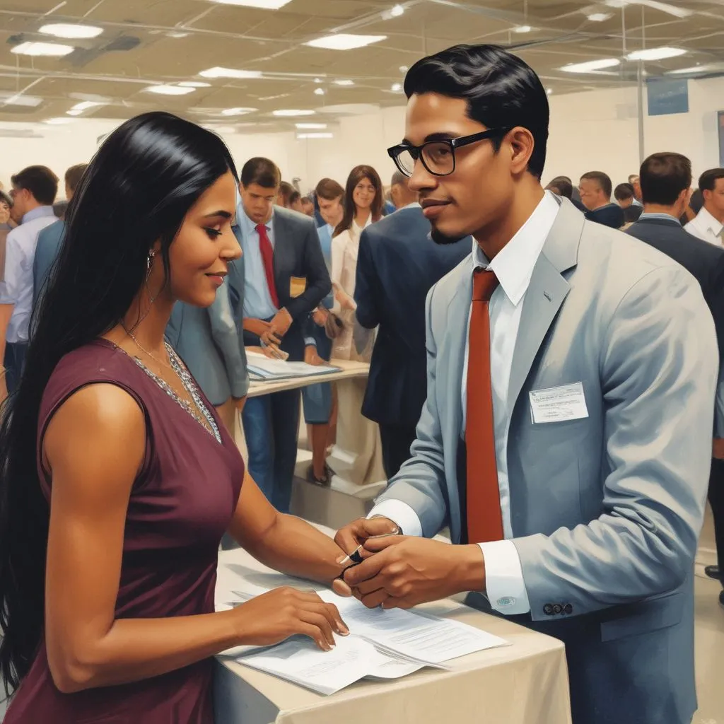 an Indian graduate confidently networking at a job fair