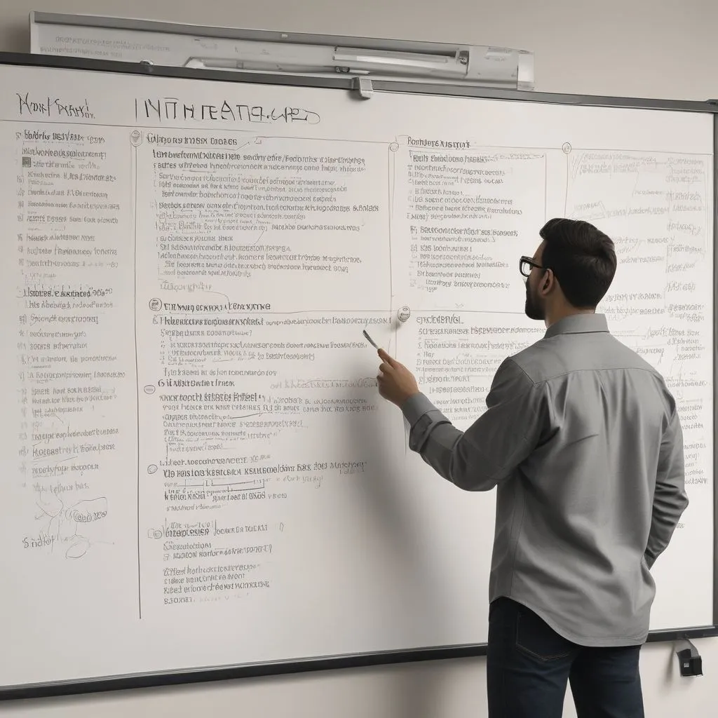 An Indian graduate listing achievements on a whiteboard with bullet points like "Internship project lead" and "Certifications"