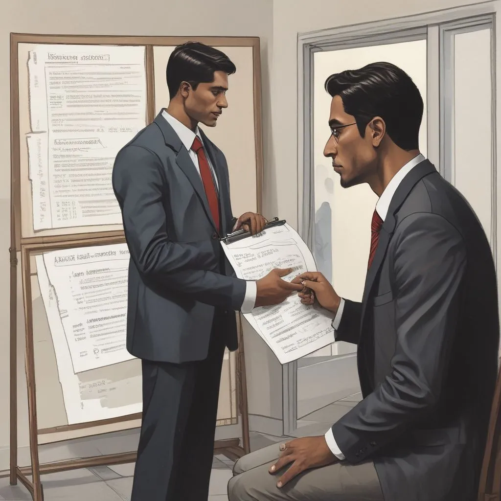 An Indian graduate practicing a mock interview in front of a mirror with a checklist of common questions