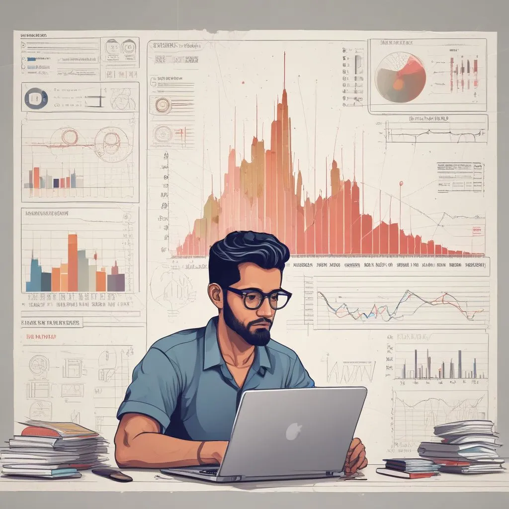 An Indian graduate researching salary trends on a laptop with graphs and charts visible
