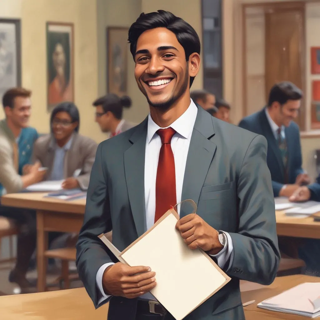 An Indian graduate smiling while walking away from a negotiation table, holding a folder