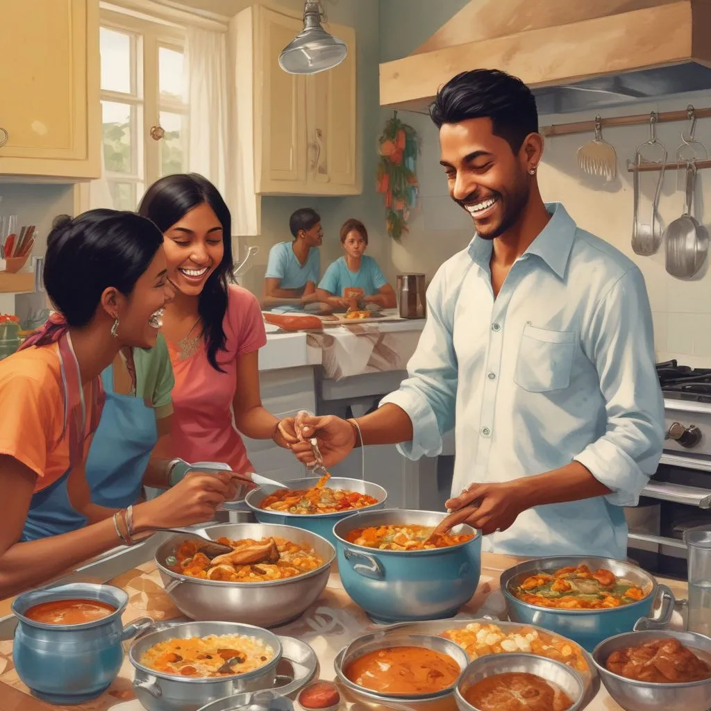 An Indian student cooking a simple Indian meal in a shared kitchen with friends from different countries laughing together