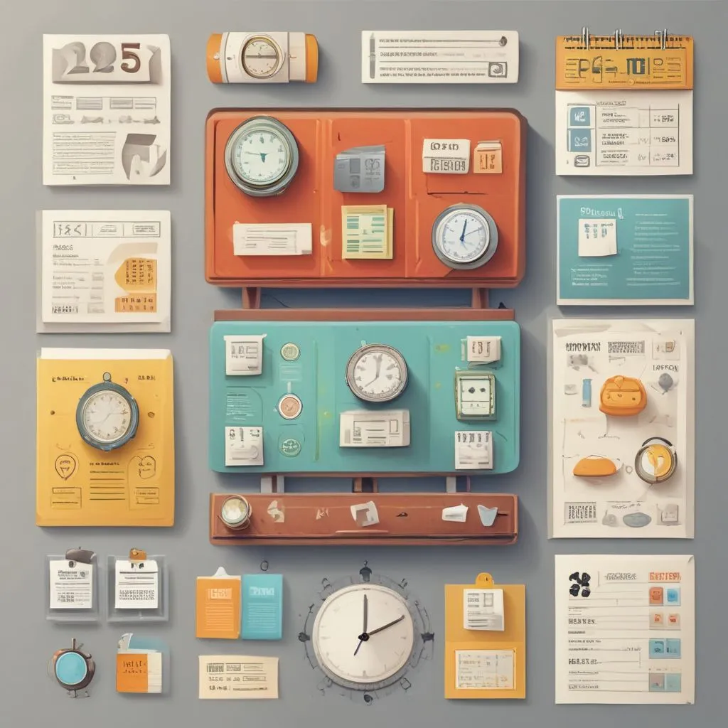 An infographic-style image showing icons for money, house, book, clock, and calendar arranged neatly on a desk