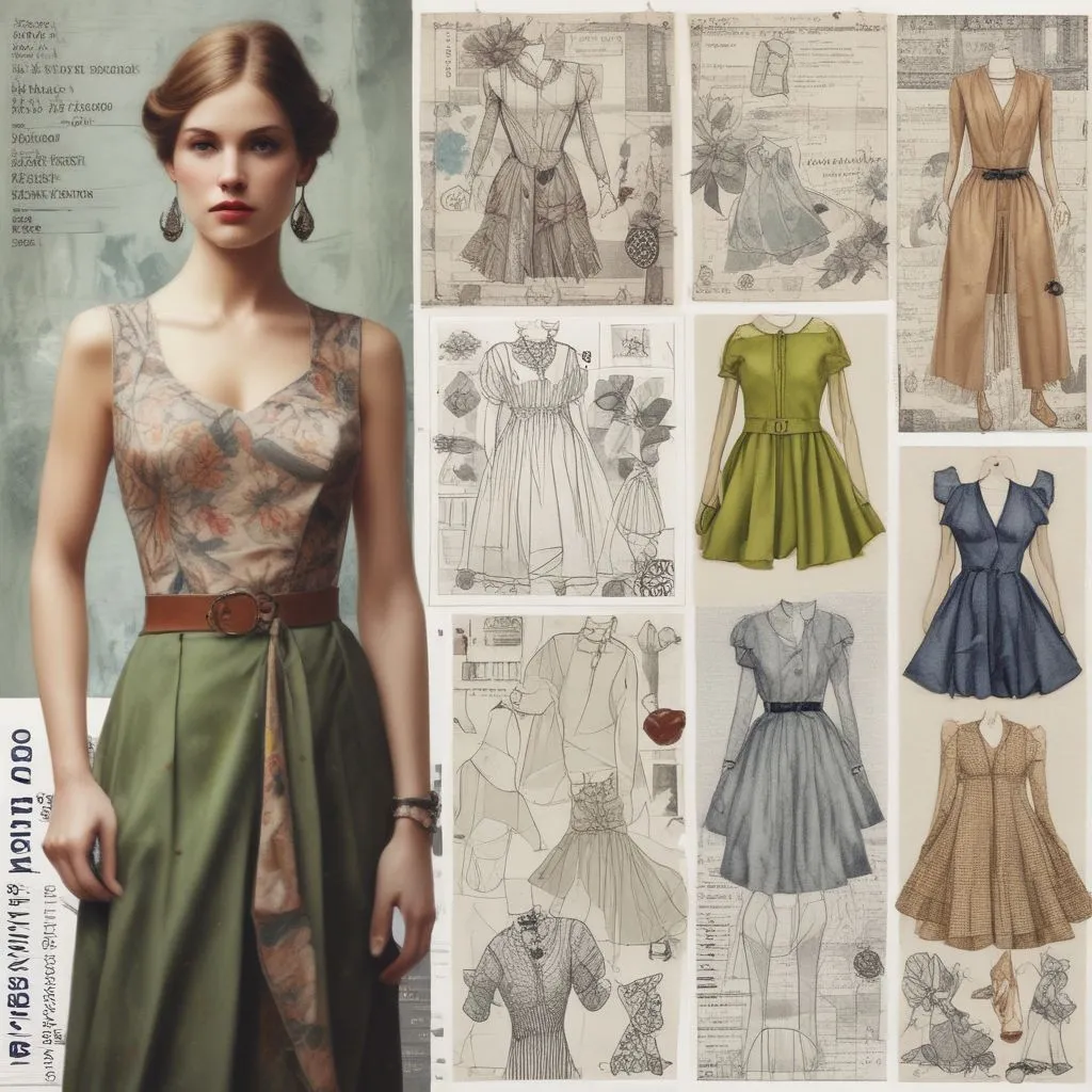 Collage of fashion specialties: sewing pattern, mood board, retail store, eco-friendly fabric swatches