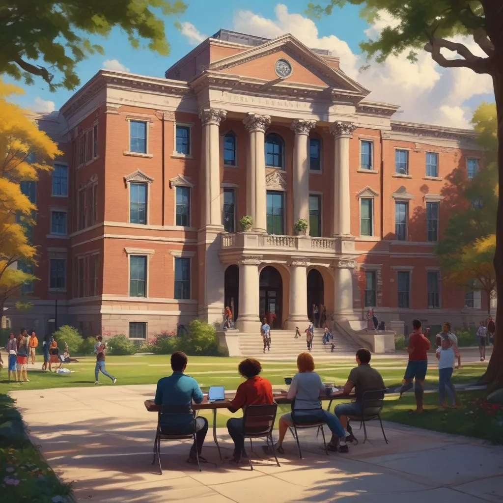 college campus with students studying AI