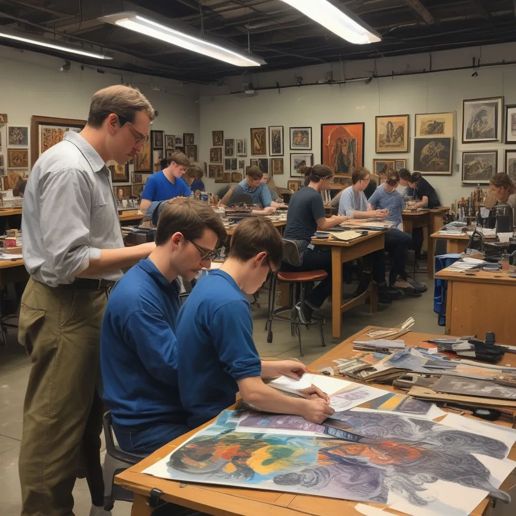 creative arts students working in studio
