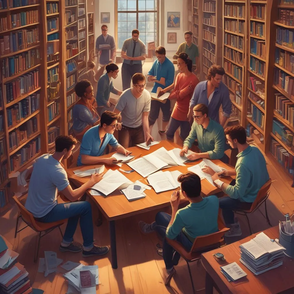 Diverse group of engineering students collaborating on a project in a library or common area, vibrant and focused atmosphere