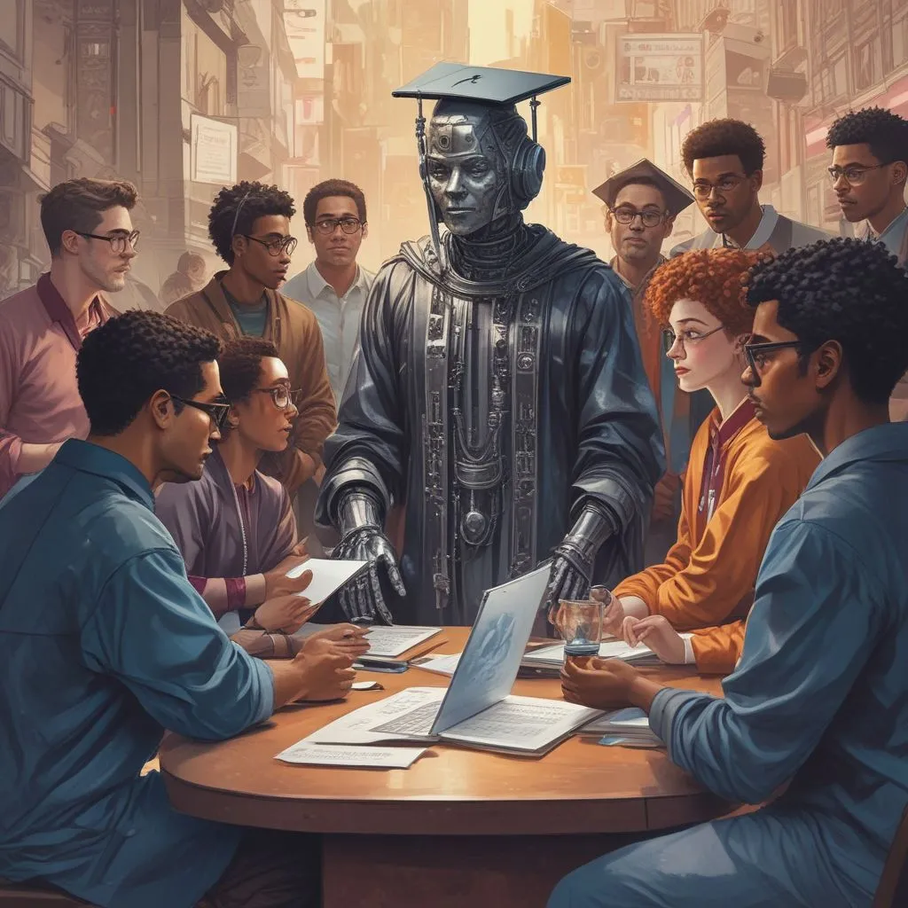 diverse group of graduates discussing AI ethics