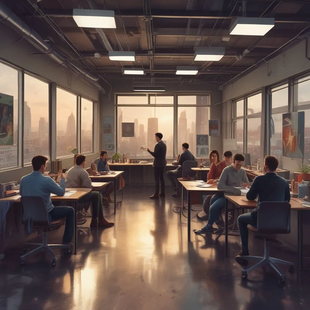 graduates collaborating on projects in a modern workspace