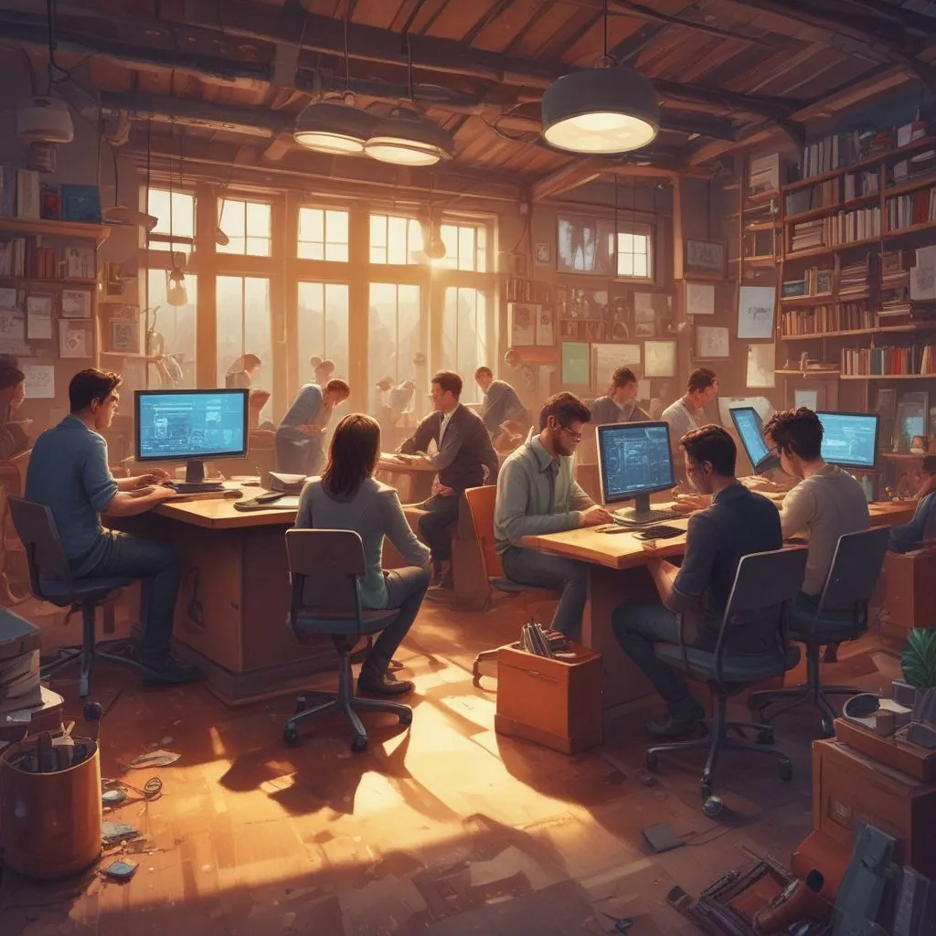 graduates working in a collaborative startup environment