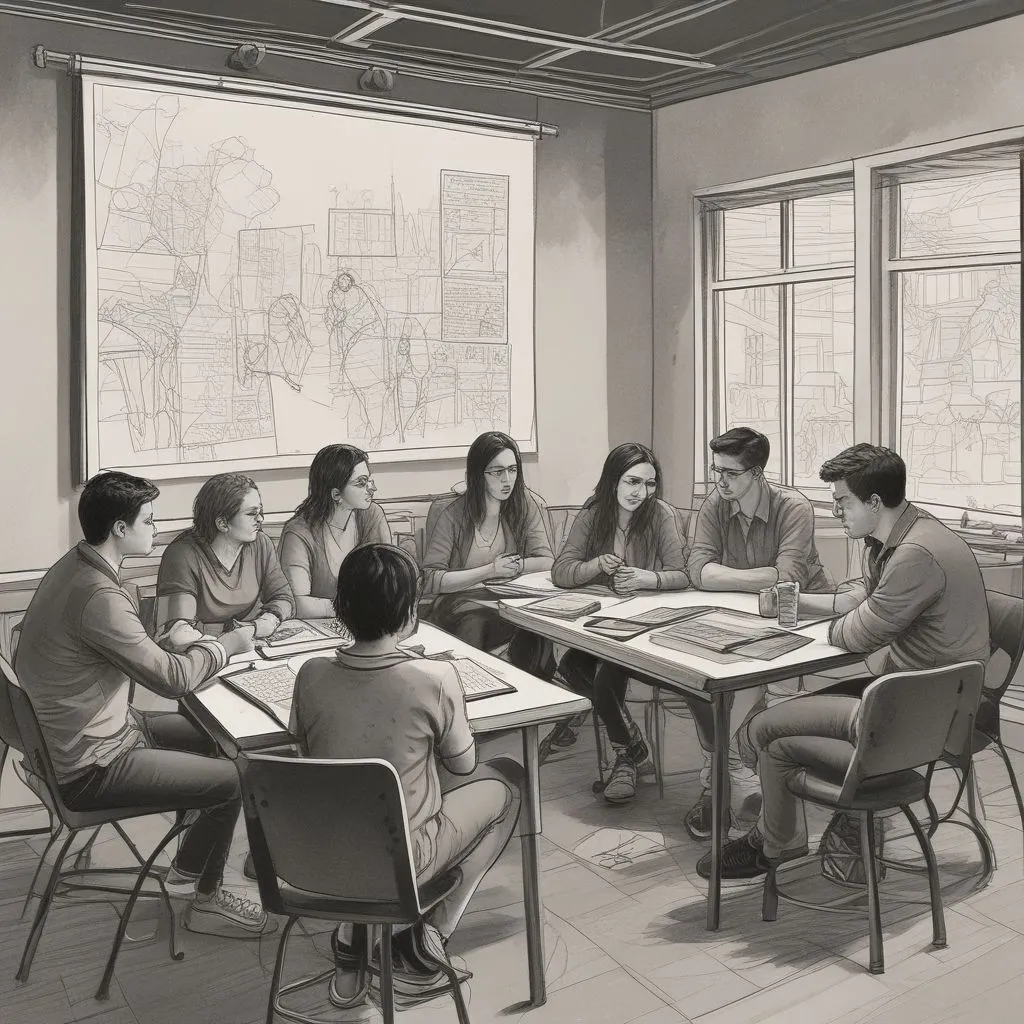 group of students discussing interdisciplinary course options
