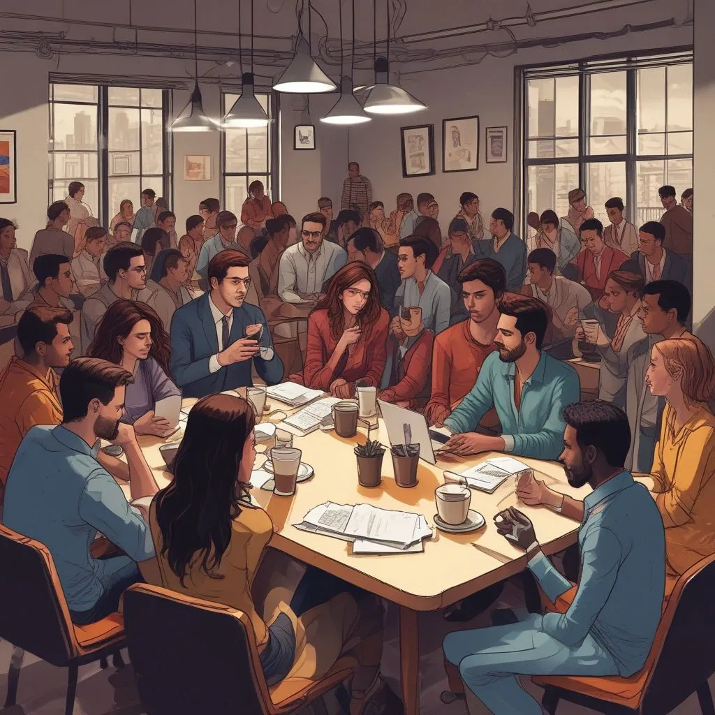 Group of young professionals at a networking event in a co-working space in India, having conversations over coffee