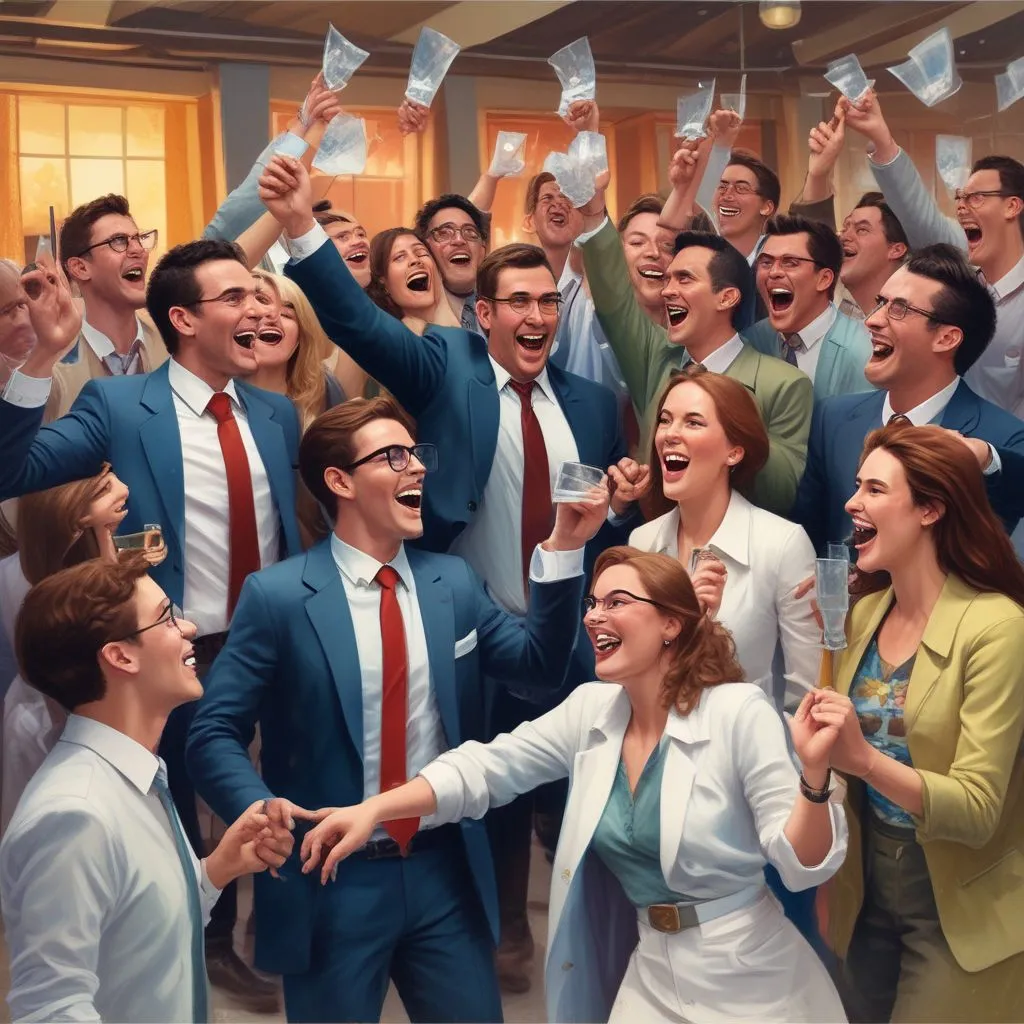 group of young professionals celebrating a success