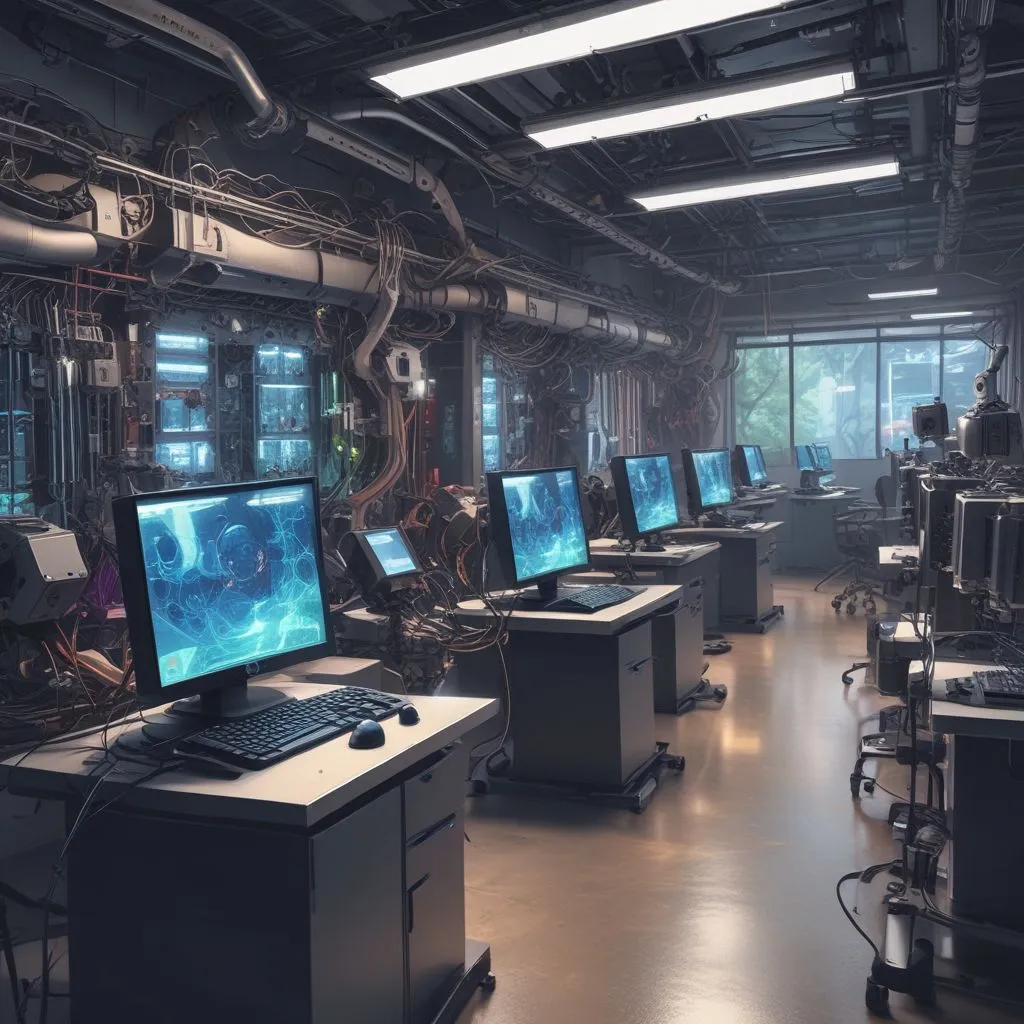 High-tech AI lab in an Indian university with GPU clusters and robotics equipment