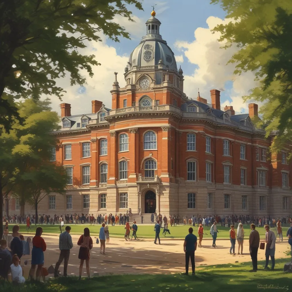 historic UK university building with students