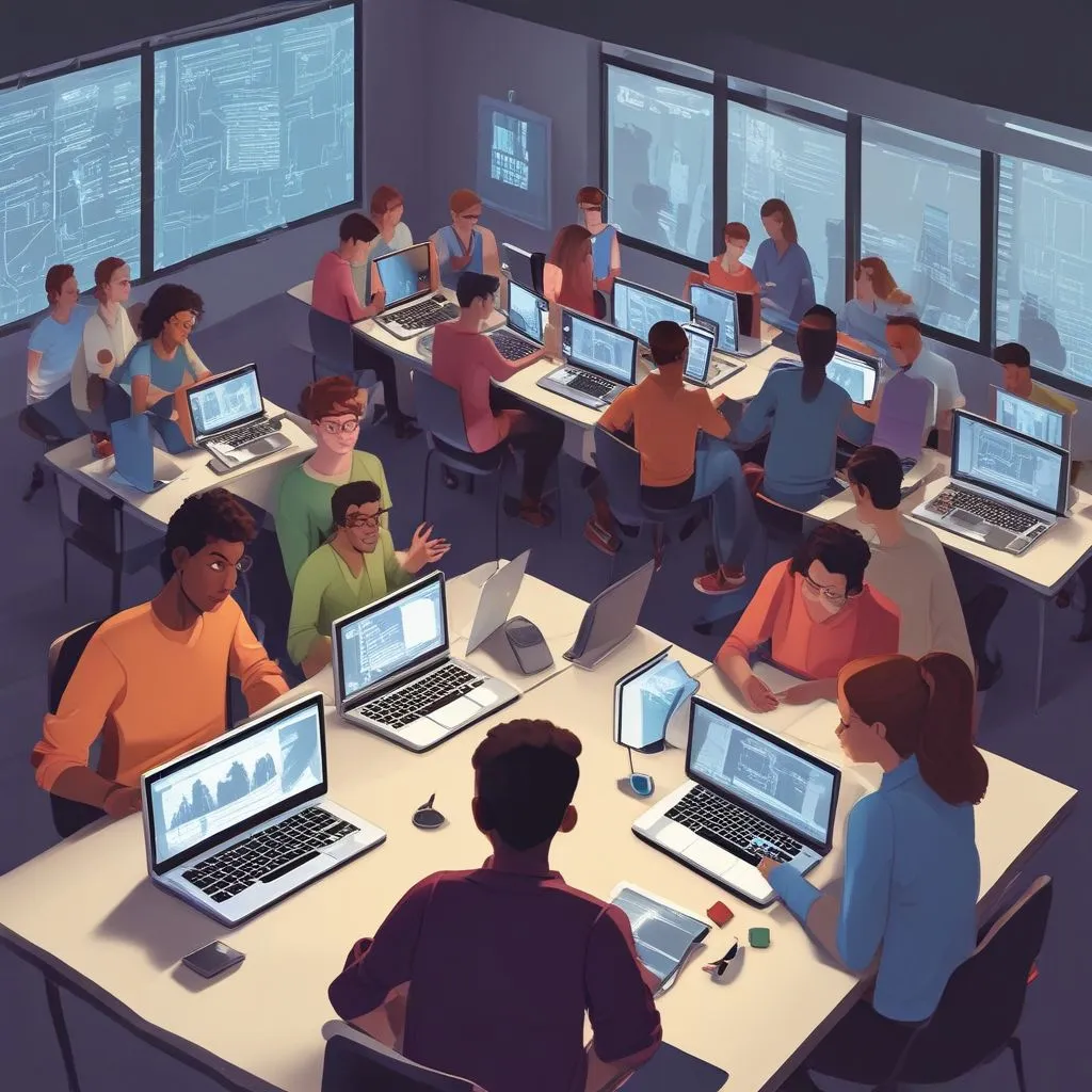 Image of students coding on laptops in a tech hub