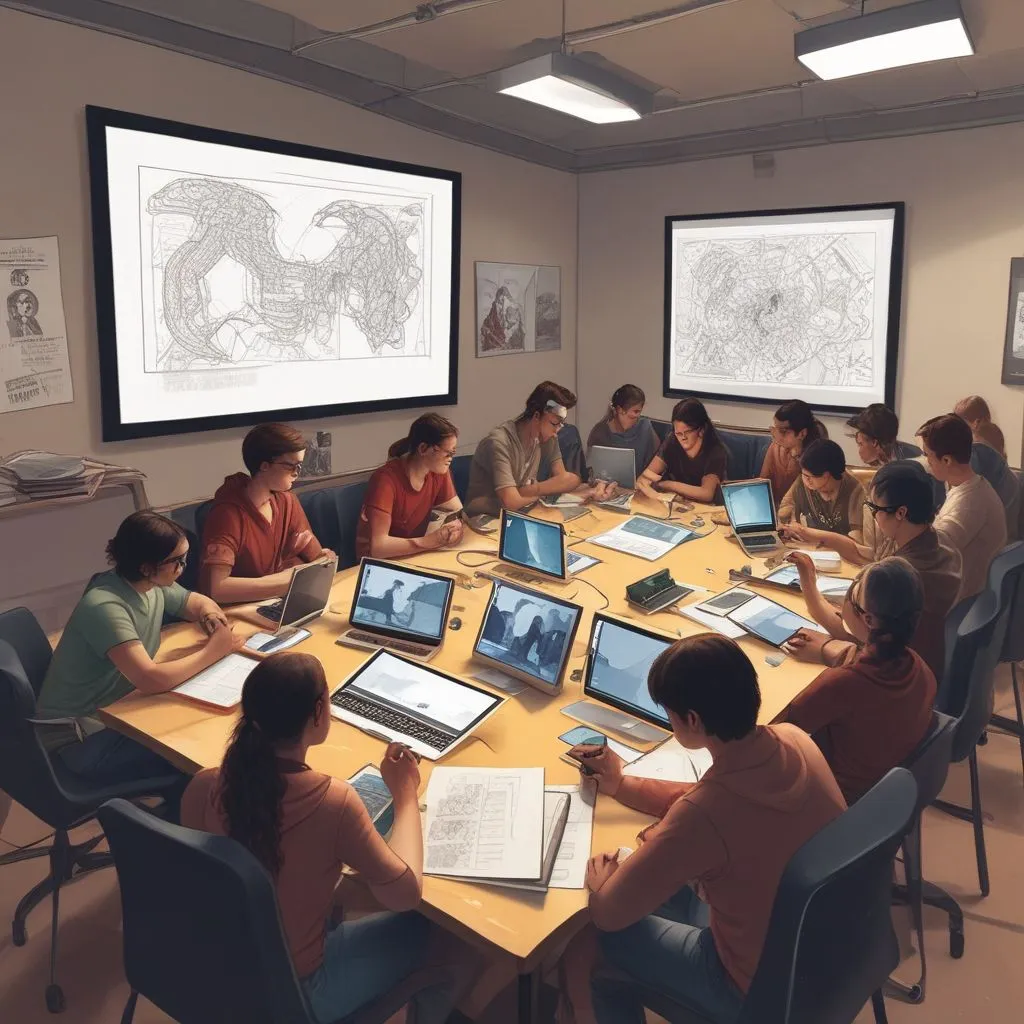 Image of students engaging in digital humanities projects